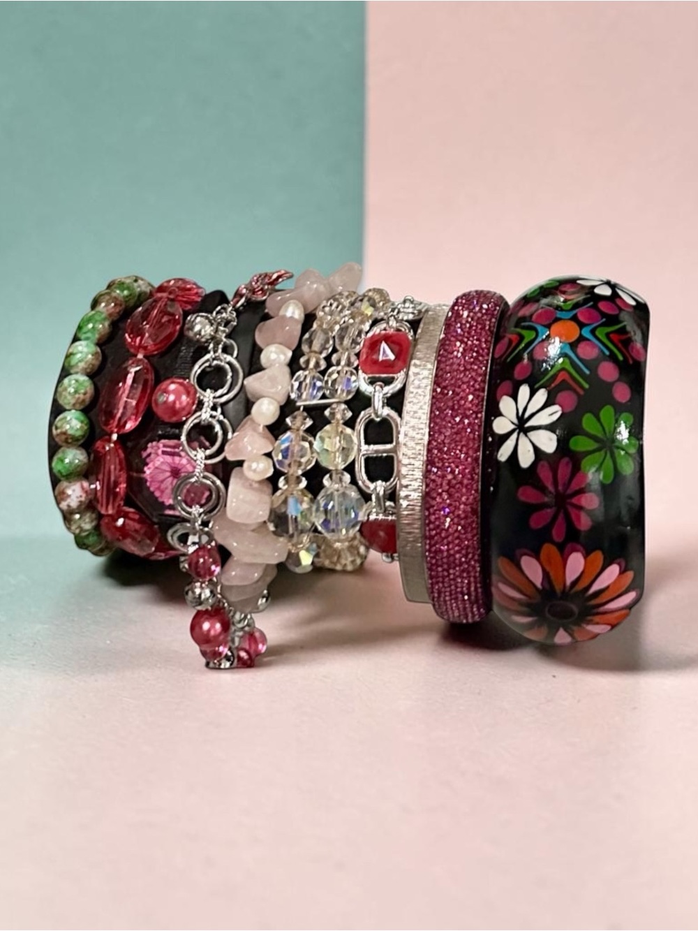 Signature Faith Floral Black Resin Bangle & Pink Beaded Bracelet Stack Set